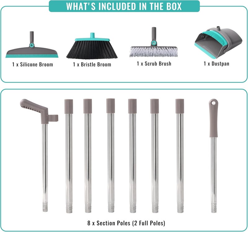 Duitwell Broom with Dustpan Combo Set, Silicone Broom Squeegee and Scrub Brush Set with Long Adjustable Handle for Indoor & Outdoor Sweeping and Scrubbing, Ideal for Pet Hair, Liquids and Dirt - Image 2